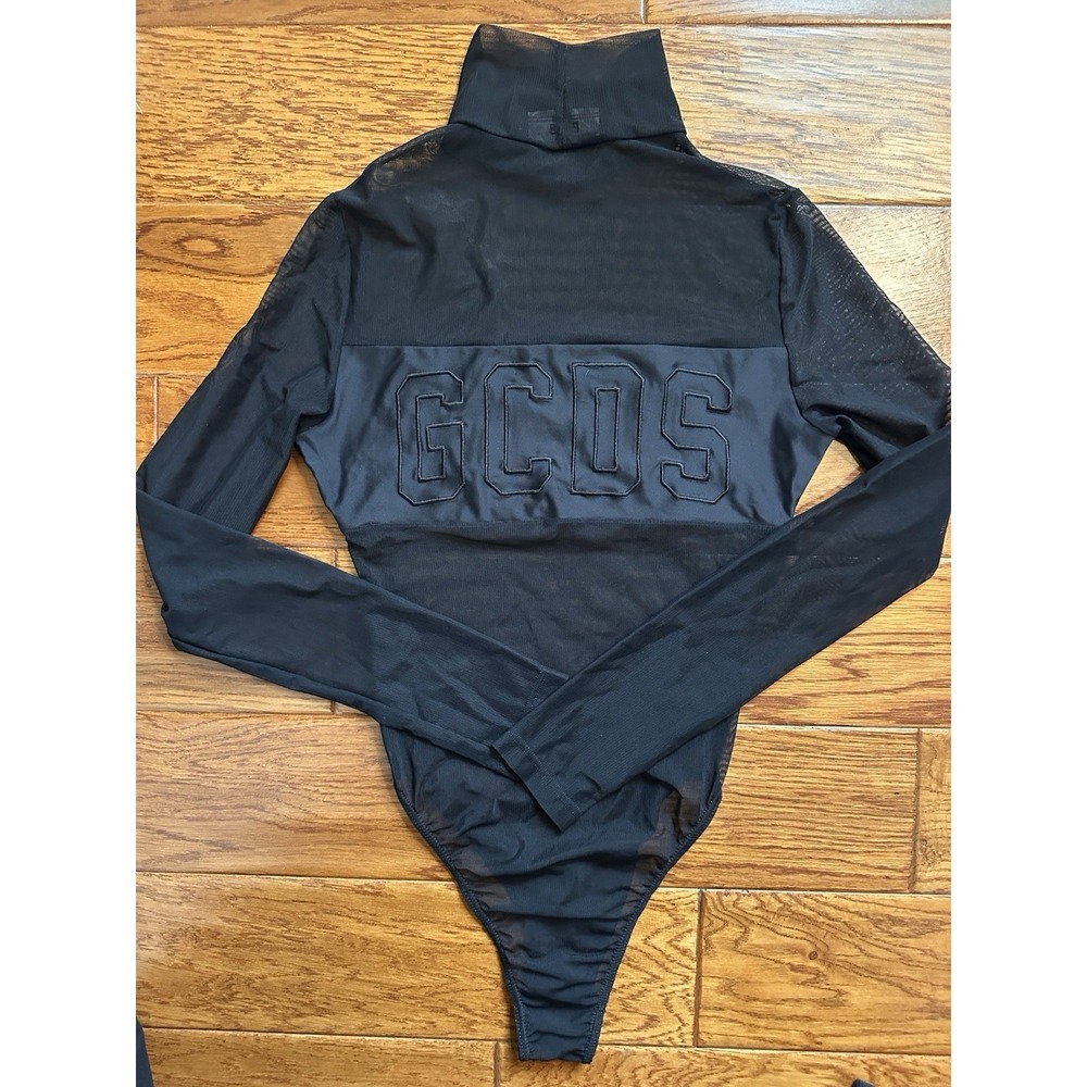 GCDS Womens Logo Sheer Mesh Bodysuit Black Mock Neck Made in Italy Sz Small